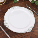 10 Pack | 10inch White Silver Leaf Embossed Baroque Plastic Dinner Plates