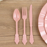 72 Pack Dusty Rose Plastic Silverware Set in Baroque Style, Heavy Duty Disposable Forks