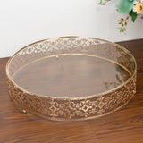 18" Gold Metal Cake Stand with Glass Top Baroque Ornate Style, Round Dessert Display Tray