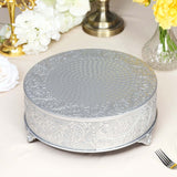 14inch Round Silver Embossed Cake Stand Riser, Matte Metal Cake Pedestal