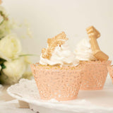 25 Pack | Blush Rose Gold Lace Laser Cut Paper Cupcake Wrappers, Muffin Baking Cup Trays