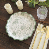 25 Pack Sage Green Disposable Party Plates in French Toile Floral Pattern, 10inch Paper Dinner