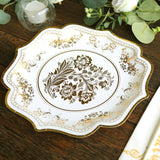 25 Pack White Gold Disposable Party Plates in French Toile Floral Pattern 10inch Paper Dinner Plate