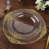 10 Pack | 10inch Clear Gold Leaf Embossed Baroque Plastic Dinner Plates