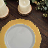 10 Pack | 8inch Gold / White Disposable Salad Appetizer Plates With Round Blossom Design