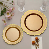 10 Pack 8inch Gold Plastic Dessert Salad Plates, Disposable Tableware Round With Gold Scalloped Rim