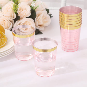 25 Pack Transparent Blush Crystal Disposable Tumbler Drink Glasses With Gold Rim, 10oz Plastic Party Cups