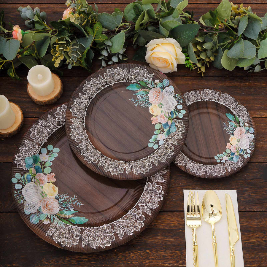 25 Pack Round Dinner Paper Plates in Brown Rustic Wood Print 10inch Disposable Party Plates Floral