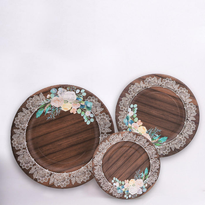 25 Pack Brown Rustic Wood Print inch Disposable Salad Plates With Floral Lace Rim, Round Paper