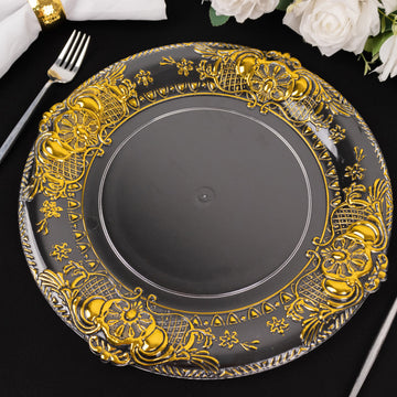 6 Pack Clear Decorative Charger Plates With Gold Florentine Style Embossed Rim, 13" Round Plastic Dinner Serving Trays