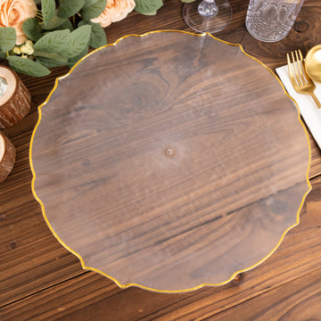 6 Pack Clear Sunflower Decorative Charger Plates with Gold Scalloped Rim, 13" Round Plastic Dinner Serving Trays