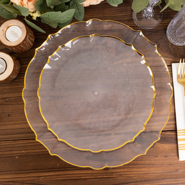 10 Pack 10" Clear Sunflower Disposable Dinner Plates with Gold Scalloped Rim, Round Plastic Party Plates