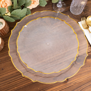 10 Pack 7" Clear Sunflower Disposable Salad Plates with Gold Scalloped Rim, Round Plastic Dessert Appetizer Plates