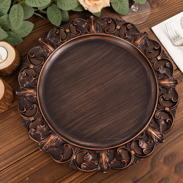 6 Pack Dark Brown Retro Baroque Acrylic Charger Plates With Ornate Embossed Rim, 13" Round Aristocrat Style Plastic Serving Plates