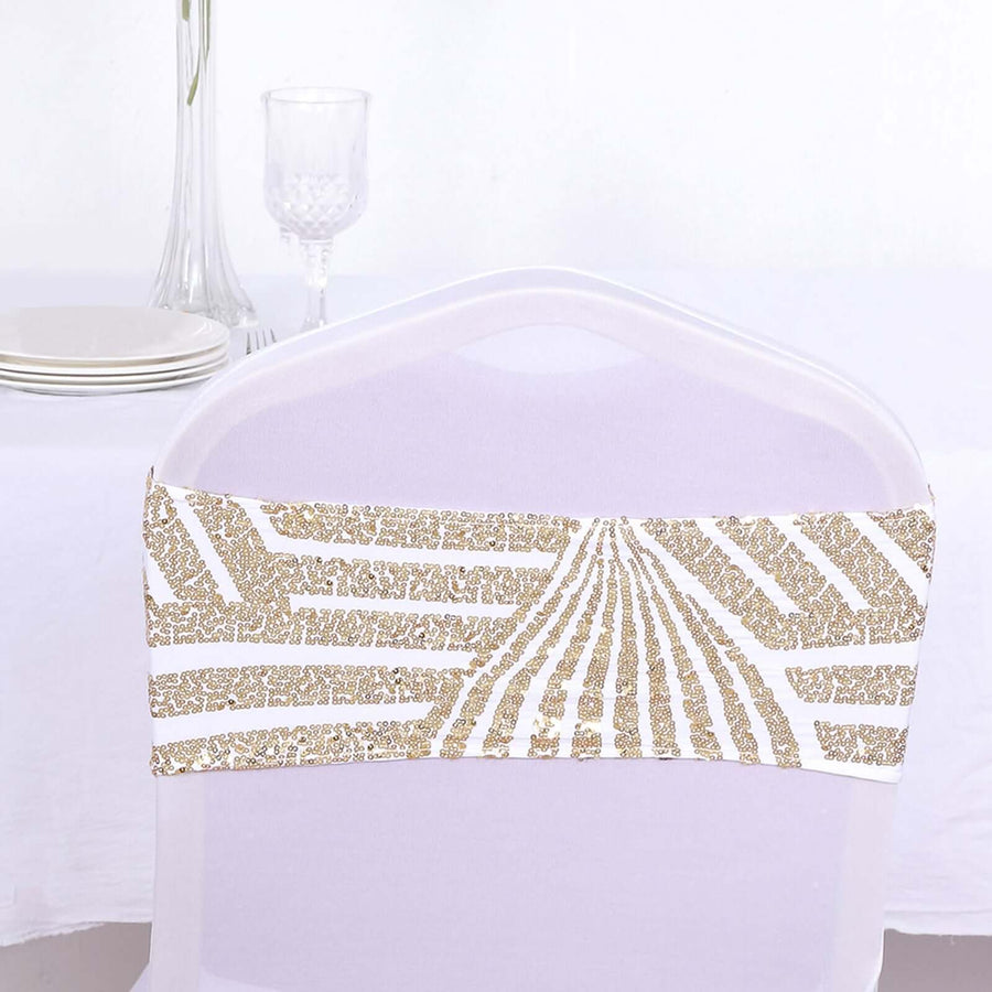 5 Pack Gold Diamond Glitz Sequin White Spandex Chair Sash Bands, Sparkly Geometric Stretchable Chair