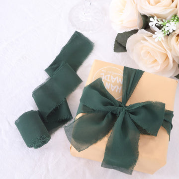 2 Pack 6yds Hunter Emerald Green Silk-Like Chiffon Ribbon Roll, DIY Wedding Bouquet Linen Wrap
