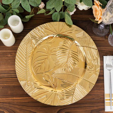 6 Pack Metallic Gold Acrylic Plastic Charger Plates With Embossed Tropical Leaves, 13" Round Decorative Serving Plates