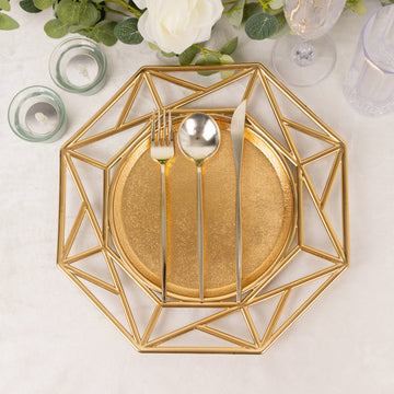 6 Pack Metallic Gold Acrylic Plastic Charger Plates With Hollow Geometric Rim, 13" Octagon Decorative Dinner Serving Plates