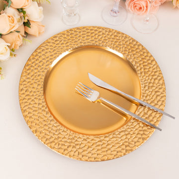 6 Pack Metallic Gold Acrylic Dinner Serving Plates With Hammered Rim, 13" Round Charger Plates