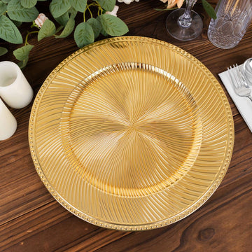 6 Pack Metallic Gold Swirl Pattern Round Acrylic Charger Plates With Beaded Rim, 13" Unbreakable Plastic Decorative Serving Plates