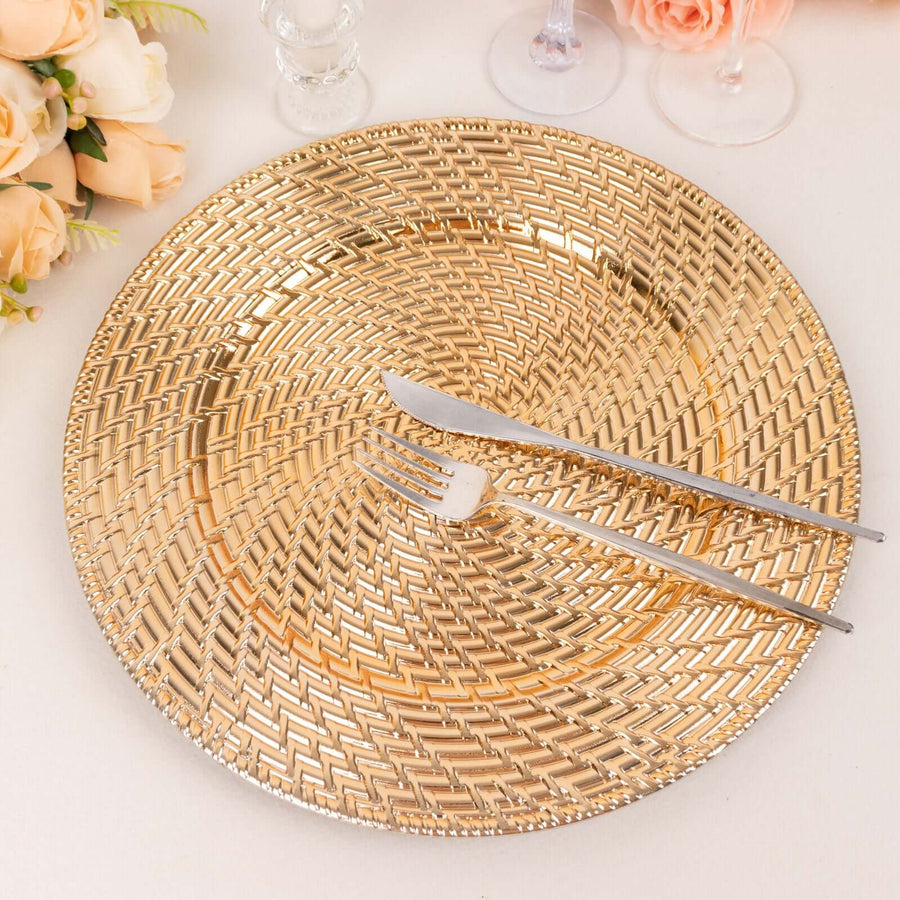 6 Pack Metallic Gold Swirl Rattan Acrylic Charger Plates 13inch Round Plastic Dinner Serving Plates