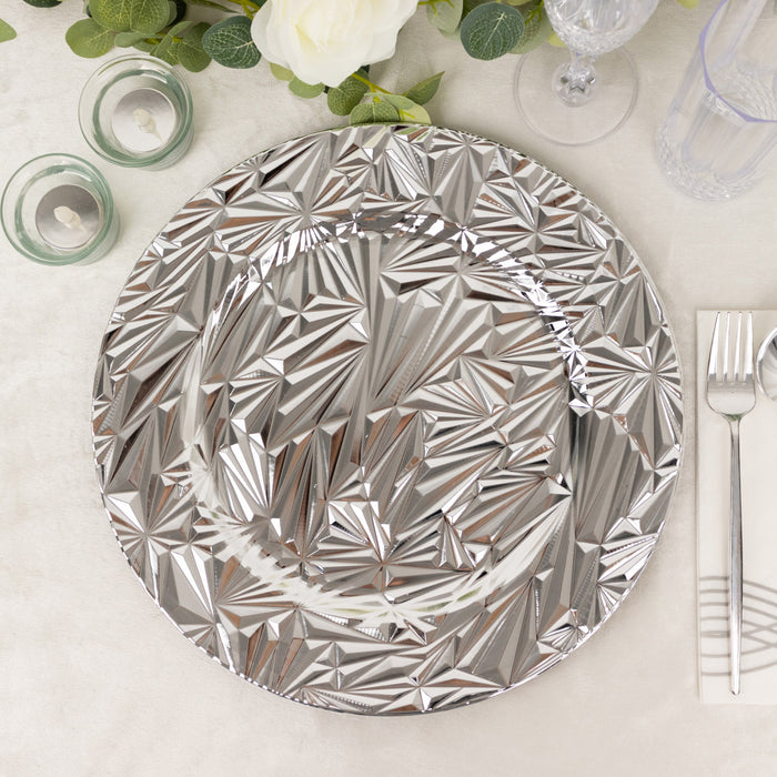 6 Pack Metallic Silver Rock Cut Acrylic Charger Plates 13inch Round Plastic Decorative Serving