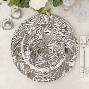 6 Pack Metallic Silver Rock Cut Acrylic Charger Plates, 13" Round Plastic Decorative Serving Plates