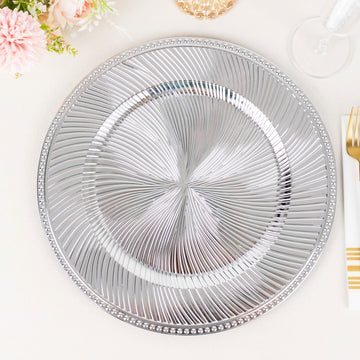 6 Pack Metallic Silver Swirl Pattern Round Acrylic Charger Plates With Beaded Rim, 13" Unbreakable Plastic Decorative Serving Plates
