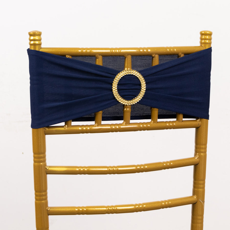 5 Pack Navy Blue Spandex Chair Sashes with Gold Diamond Buckles, Elegant Stretch Chair Bands