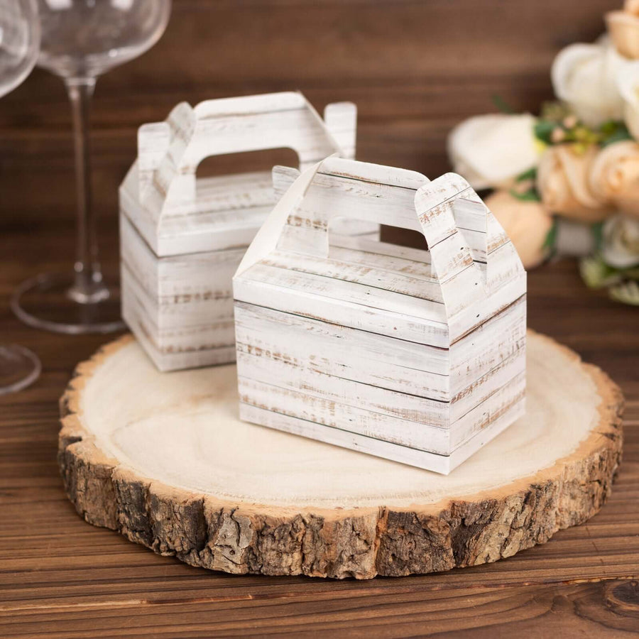 25 Pack Rustic White Candy Gift Tote Gable Boxes With Wood Plank Pattern, Party Favor Treat Boxes