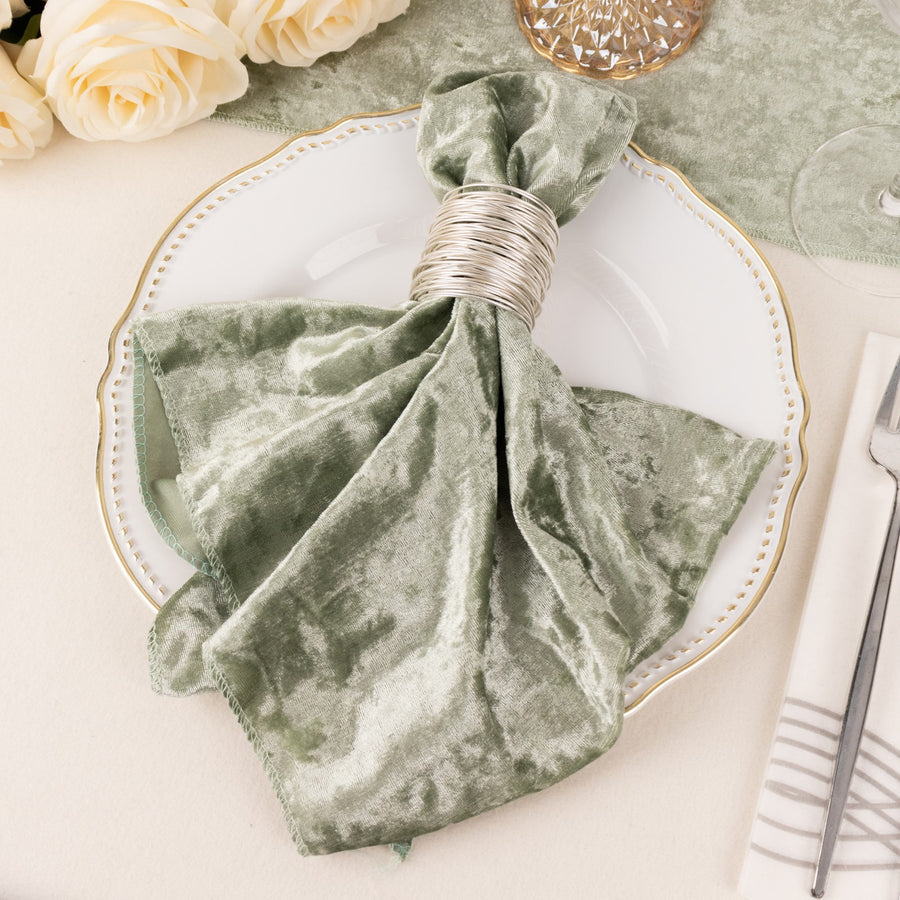 5 Pack Sage Green Premium Crushed Velvet Linen Napkins, Decorative Soft Cloth Dinner Napkins