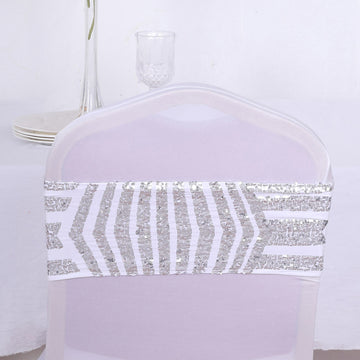 5 Pack Silver Diamond Glitz Sequin White Spandex Chair Sash Bands, Sparkly Geometric Stretchable Chair Sashes