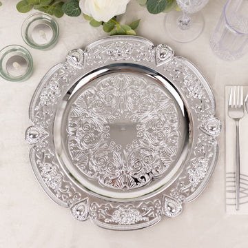 6 Pack Silver Round Acrylic Charger Plates With Floral Embossed Scalloped Rim, 13" Unbreakable Plastic Decorative Serving Plates