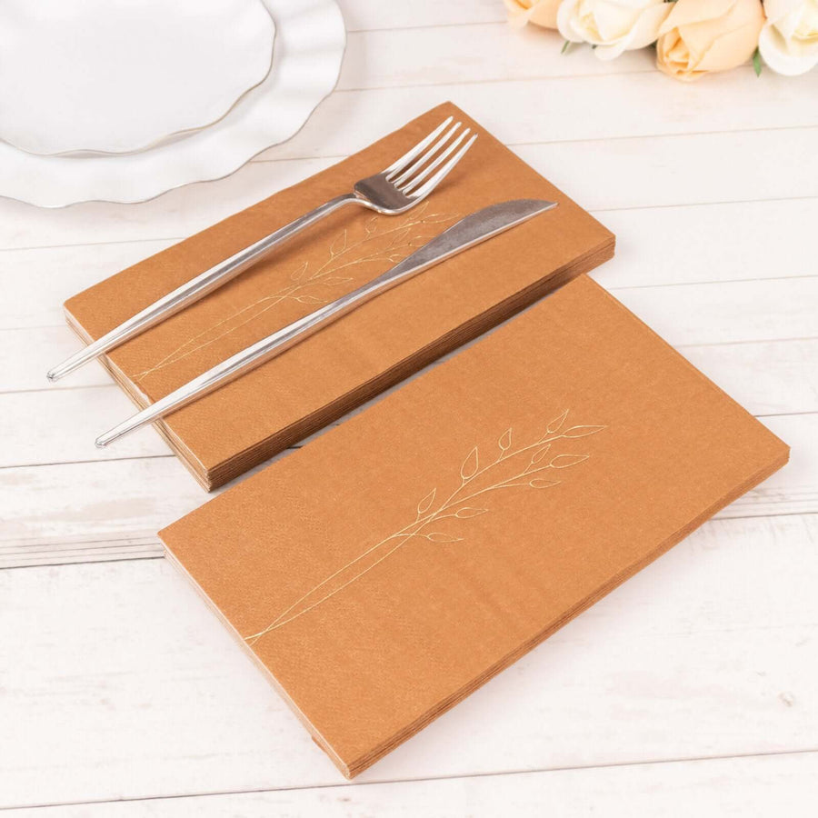 50 Pack Terracotta (Rust) 2 Ply Paper Dinner Napkins with Gold Embossed Leaf