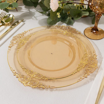 10 Pack 8" Amber Plastic Salad Plates With Gold Leaf Embossed Baroque Rim, Round Disposable Appetizer Dessert Plates