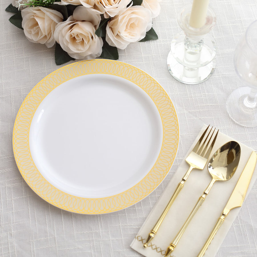 10 Pack White Disposable Party Plates With Beige Gold Spiral Rim, 10" Round Plastic Dinner Plates