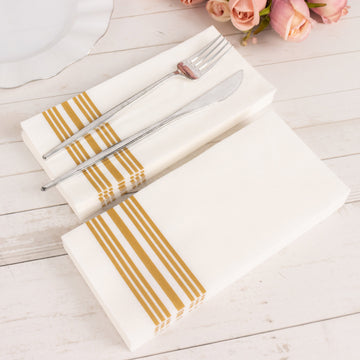 20 Pack White Gold Soft Linen-Feel Paper Napkins With Gold Lines, Highly Absorbent Disposable Airlaid Dinner Napkins