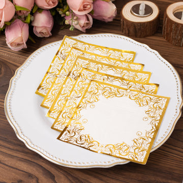 20 Pack White 3 Ply Premium Paper Cocktail Napkins with Gold Foil Lace, Soft European Style Wedding Beverage Napkins - 18 GSM