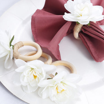 4 Pack White Silk Jasmine Flower Napkin Rings with Wooden Holder, Rustic Boho Serviette Buckles with Artificial Flowers