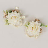 2 Pack White Artificial Rose Wrist Corsages With Pearls, Flower Bracelet Wedding Accessories