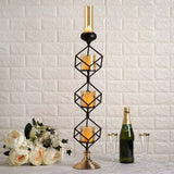 28inch Tall 3-Tier Stacked Black Geometric Candle Holder with Amber Glass Votives & Gold Trim