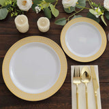 10 Pack White Disposable Party Plates With Beige Gold Spiral Rim, 10" Round Plastic Dinner 