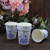 24 Pack | 9oz Blue Chinoiserie Floral Paper Cups with Gold Rim, Elegant Disposable Party Cups