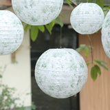 Set of 8 White Sage Green Hanging Chinese Lanterns in French Toile Floral Pattern