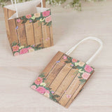 12 Pack Natural Wood Print Paper Party Favor Bags with Rose Floral Accent, Small Gift Goodie Bags