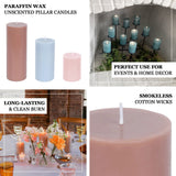 Assorted unscented pillar candles in various colors for home decor and events.