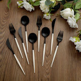 24 Pack | 8inch Black With Ivory Handle Silverware Set, Modern Premium Plastic Utensil Set