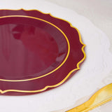 8inch Burgundy Plastic Dessert Salad Plates, Disposable Tableware Round With Gold Scalloped Rim