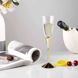 6 Pack | 5oz Clear / Gold Plastic Champagne Flutes, Disposable Glasses With Detachable Base