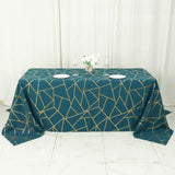 90x132inch Peacock Teal Rectangle Polyester Tablecloth With Gold Foil Geometric Pattern